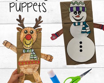 Manualidades navideñas con títeres y bolsas de papel para niños / Reno, muñeco de nieve y árbol de Navidad / Actividad fácil para las fiestas