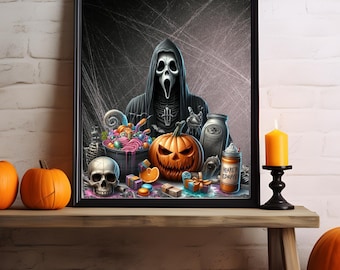 Gruseliger Halloween Kunstdruck: Skelett, Kürbis, Bonbons (Digitaler Download)