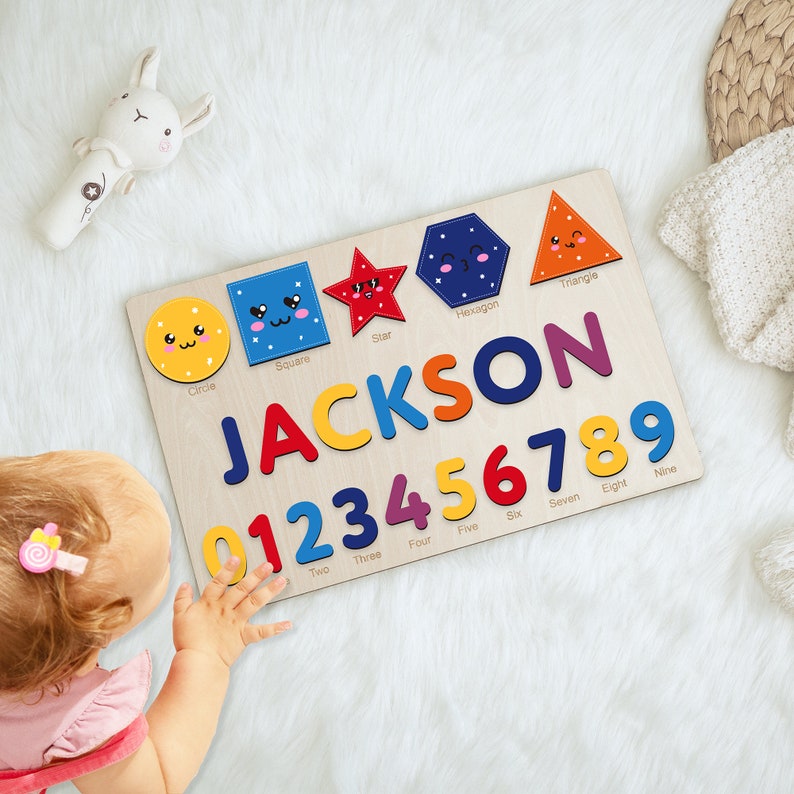 Personalized Name Puzzle With Shapes and Numbers Custom Name Etsy