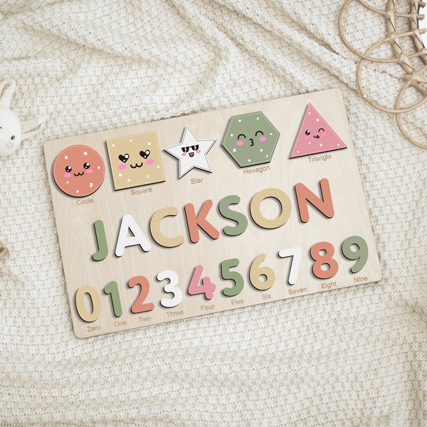 Personalized Name Puzzle with Shapes and Numbers, Custom Name Puzzle Baby, Wooden Name Puzzle, Baby Shower Gift, Name Puzzle For Toddler