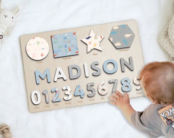 Personalized Wooden Name Puzzle, Ocean Theme Name Puzzle, Custom Baby Shower Gift for Baby Boys and Girls - Personalized Toy for Toddlers