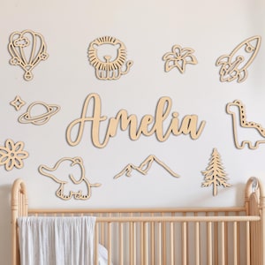 Targa in legno personalizzata con nome, decorazione da parete per cameretta, targa per cameretta con icone, targa con nome per cameretta, decorazione da parete in legno personalizzata