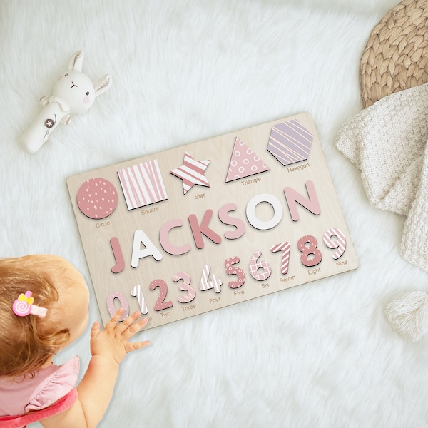 Personalisiertes Namenspuzzle aus Holz: Geschenk zur Geburt, Babypartygeschenk für Mädchen, Jungen, Mädchen - Personalisiertes Spielzeug für Kleinkinder