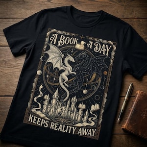 May include: Black t-shirt with a fantasy design. The graphic shows two dragons, one white and one black, with the text "A Book A Day Keeps Reality Away". The design includes a castle and celestial elements.