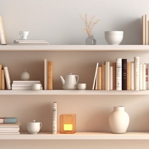 May include: A white bookshelf with three shelves, filled with books, a vase with dried flowers, a teapot, a small bowl, a lamp, and a vase.