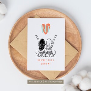Carte imprimable BFF, célébration de l'amitié, carte meilleur ami, humour BFF, carte d'anniversaire dessin au trait, impression à la maison, téléchargement numérique bricolage