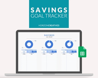 May include: A laptop screen displaying a Google Sheet with a savings goal tracker. The sheet has three sections, each with a blue pie chart and a table to track savings contributions. The title of the sheet is "Savings Goal Tracker".