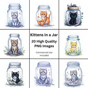 Cute Kittens in a Jar, Watercolor Clipart - 20 High Quality Images PNG - Digital Download, Instant Download, Commercial Use