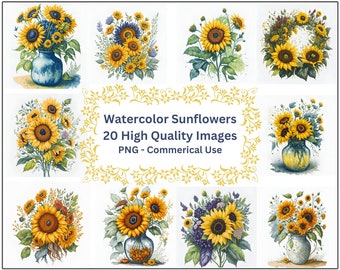 Watercolor Sunflowers Clipart, 20 High Quality Images, PNG - Instant Downlaod, Fall Flowers, Commercial Use