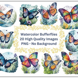 Watercolor Butterflies Clipart, Butterfly Stickers, 20 High Quality PNG, Painted Butterfly Clipart, Colorful Bufferflies, Instant Download