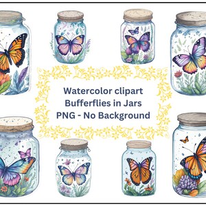 Watercolor Butterflies Clipart, Butterfly Stickers, Butterflies in Jars, 10 High Quality Images, PNG, No Background