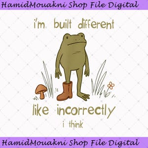 May include: A digital illustration of a green frog wearing a single brown boot, standing next to a mushroom and a small flower. The text reads: HamidMouakni Shop File Digital, i'm built different, like incorrectly i think, HamidMouakni Shop File Digital.