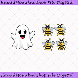 May include: A digital graphic featuring a white ghost with a smiling face and four small bees with yellow and black striped bodies and light blue wings. The text HamidMouakni Shop File Digital appears at the top and bottom of the image.
