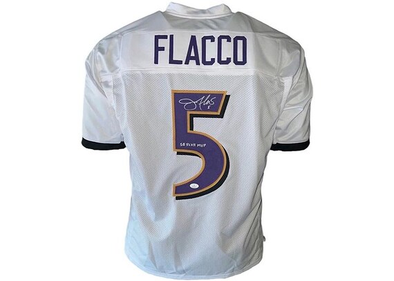 Joe Flacco Signed Custom Football White Jersey SB 47 MVP Insc JSA