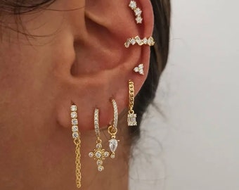 Sterling Silver and Gold Earring Set - Stackable Earring Set available in Gold and Silver, Pierced Earring Set with Cubic Zirconia 7pcs