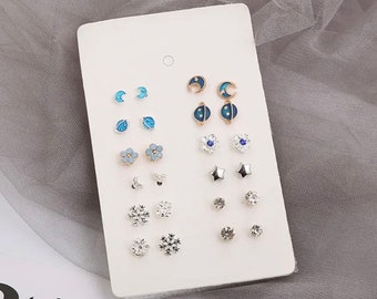 Sterling Silver Earring Set with Blue Cubic Zirconia Gemstones - 24 piece Stackable Earring Set available in Silver - Multiple Piercings