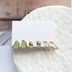 Pearl Earring Set Chrome and Gold Earring Set Green Gold image 7