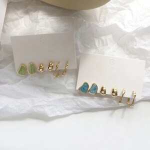 Pearl Earring Set Chrome and Gold Earring Set Green Gold image 3