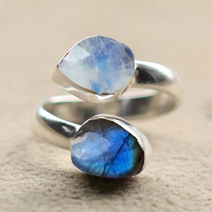 Labradorite & Rainbow Moonstone Ring: Handmade 925 Sterling Silver Adjustable Boho Ring