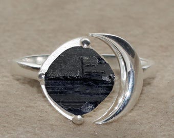 Black Tourmaline Ring: Handmade 925 Sterling Silver Adjustable Boho Ring