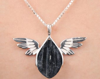 Black Tourmaline Angel Necklace: Sterling Silver Guardian Pendant