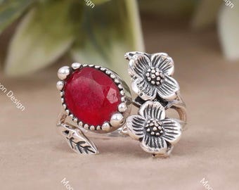 Adjustable Ruby Gemstone Ring, 925 Sterling Silver Handmade Vintage Jewelry, Gift For Her.