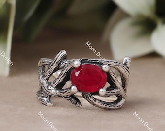 Anello con pietra preziosa rubino, gioiello vintage fatto a mano in argento sterling 925, regalo per donna.