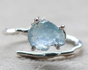 Raw Aquamarine Sterling Silver Ring - Handmade Adjustable Ring