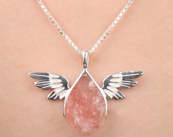 Rose Quartz Angel Pendant: 925 Sterling Silver Guardian Necklace
