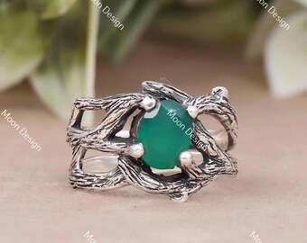 Handmade Green Onyx Ring, 925 Sterling Silver Gemstone Branch Jewelry, Gift For Women.