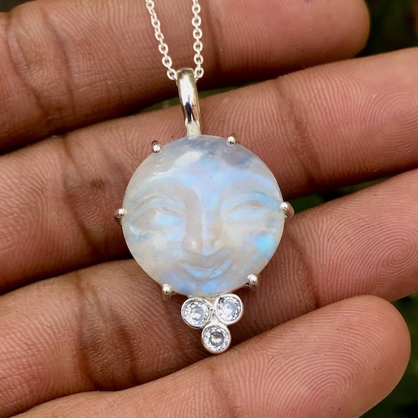 Rainbow Moonstone Necklace, 925 Sterling Silver Handmade Jewelry, Moon Face Necklace, Gift For Mom
