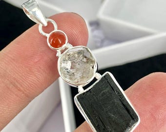 Handmade Sterling Silver Black Tourmaline Herkimer Diamond Pendant
