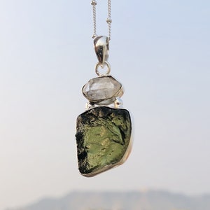 Handmade Sterling Silver Moldavite & Herkimer Pendant: Czech Gemstone Jewelry