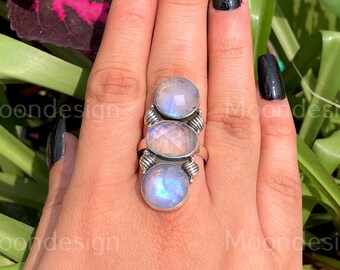 Handmade Rainbow Moonstone Ring: Sterling Silver Statement Ring