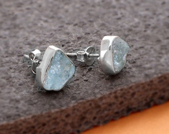Handmade Aquamarine Stud Earrings: 925 Sterling Silver, March Birthstone