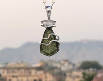 Handmade Moldavite & Herkimer Diamond Pendant, 925 Sterling Silver