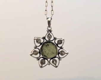 Moldavite & Herkimer Diamond Pendant, 925 Sterling Silver Handmade Pendant, Gift For Mom