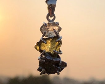 Moldaviet, Herkimer en Meteoriet Campo Del Cielo-hanger, echte edelsteenhanger, sterlingzilveren handgemaakte hanger