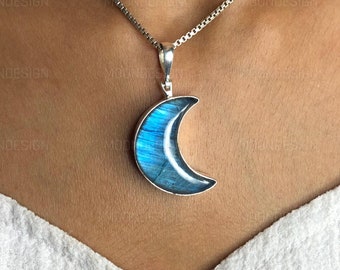 Handmade Sterling Silber Labradorit Halbmond Anhänger