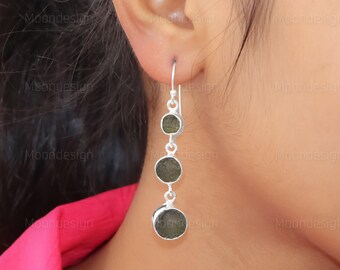 Handmade Raw Moldavite Dangle Earrings: 925 Sterling Silver Gemstone Jewelry
