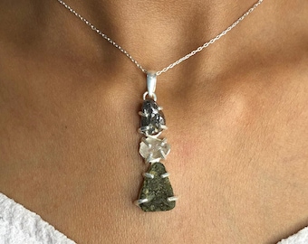 Genuine Moldavite Pendant, 925 Sterling Silver Handmade Pendant, Herkimer Diamond & Meteorite Pendant, Gift For Mother&#39;s