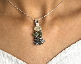 Handmade Sterling Silver Moldavite Pendant: Herkimer & Meteorite