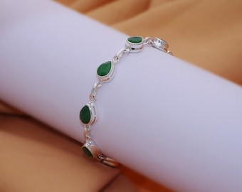 Green Jade Bracelet: Handmade 925 Sterling Silver Pear Gemstone, Adjustable