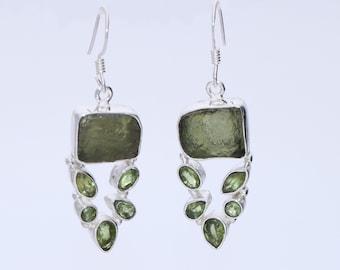 Handmade Moldavite Peridot Drop Earrings: Sterling Silver Dangle Jewelry