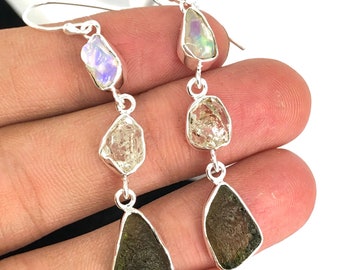Handmade Sterling Silver Moldavite Herkimer Diamond & Opal Earrings