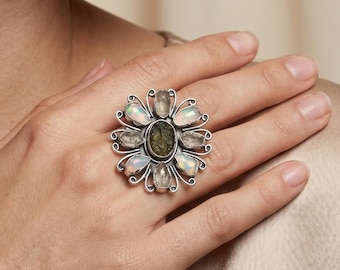 Handmade Sterling Silver Ring, Natural Moldavite, Herkimer Diamond, Opal Gemstones