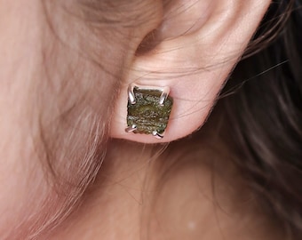Handmade Moldavite Earrings: Rough Gemstone, 925 Sterling Silver