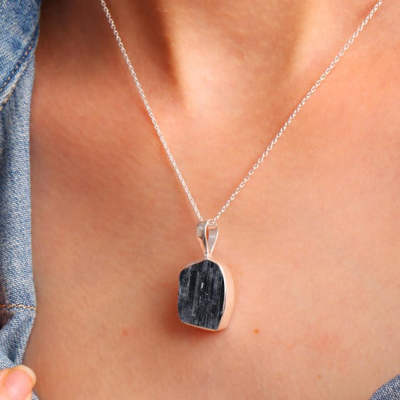 Black Tourmaline Gemstone Pendant Necklace, 925 Sterling Silver