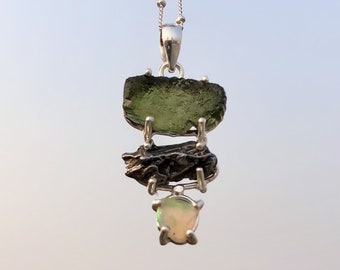 Genuine Moldavite Pendant, Handmade Pendant, 925 Sterling Silver Pendant, Opal, Black Tourmaline Moldavite Gemstone Jewelry, Women's Pendant
