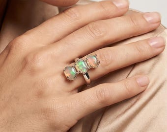 Raw Fire Opal Ring, Sterling Silver Womens Handmade Jewelry